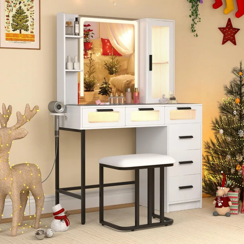 Vanity Desk with Mirror and Lights, White Makeup Vanity Desk with 6 Drawers, Lighted Side Cabinet, Storage Shelves, Charging St