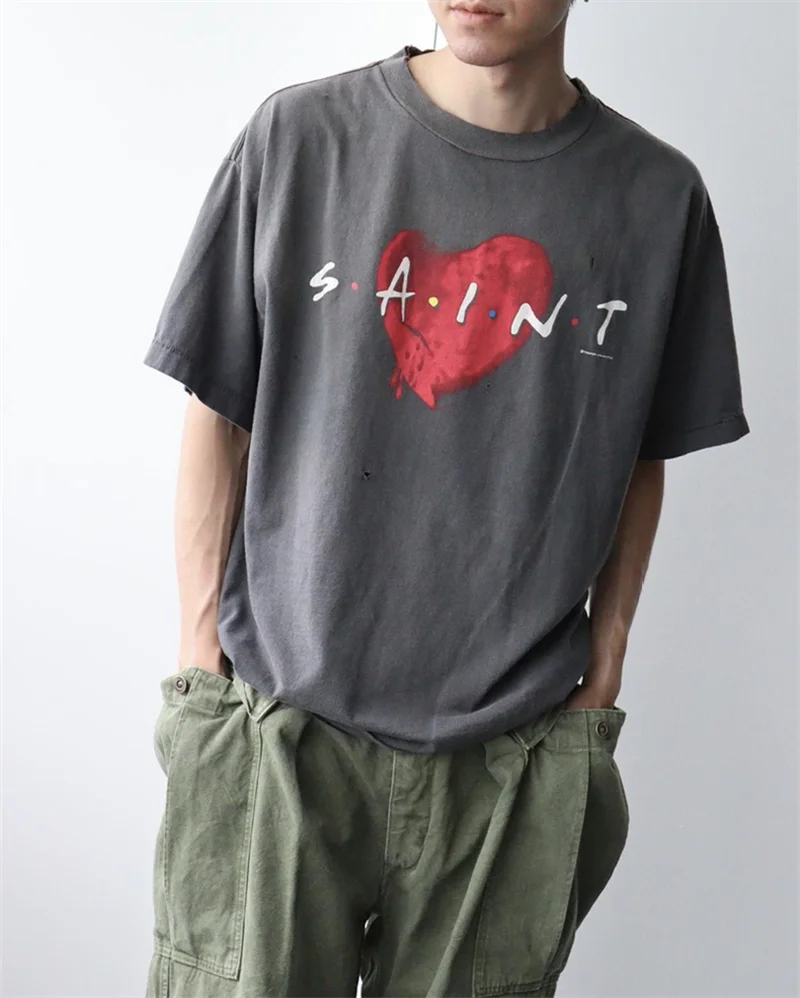 

Vintage Japanese Street Letter Red Heart Print High Street Oversize Short sleeved Casual Loose Pure Cotton High Quality T-shirt