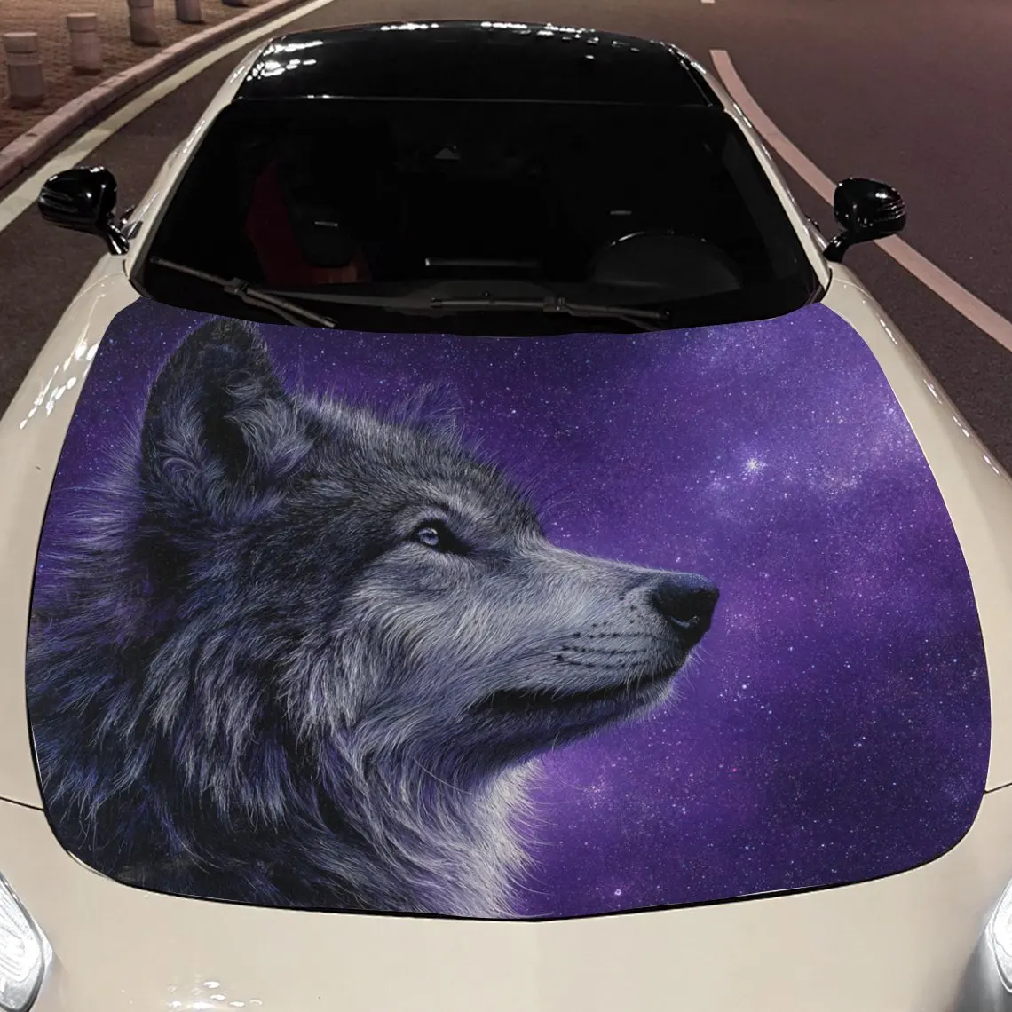 Autocollants de voiture loup avec un Look Contemplatif, ensemble contre un arrière-plan étoilé Violet, autocollant pour capot de voiture, Vin auto-adhésif imperméable