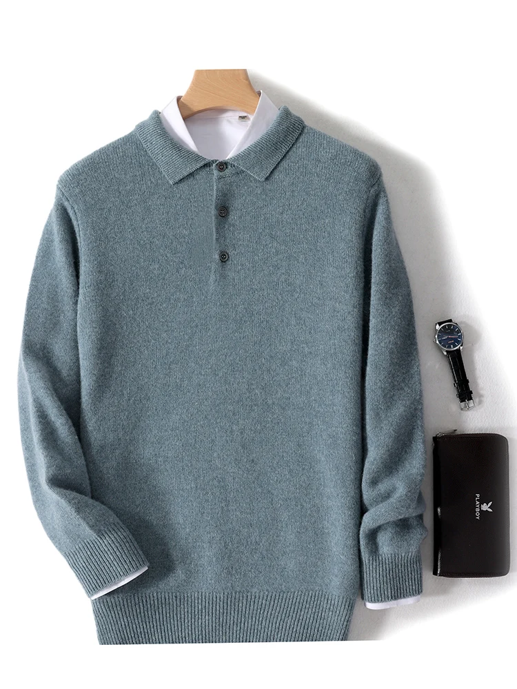 

Men's Sweater Pullovers Autumn Winter Polo Collar 100% Merino Wool Knitwear Long Sleeve Office Casual Button Cashmere Clothing