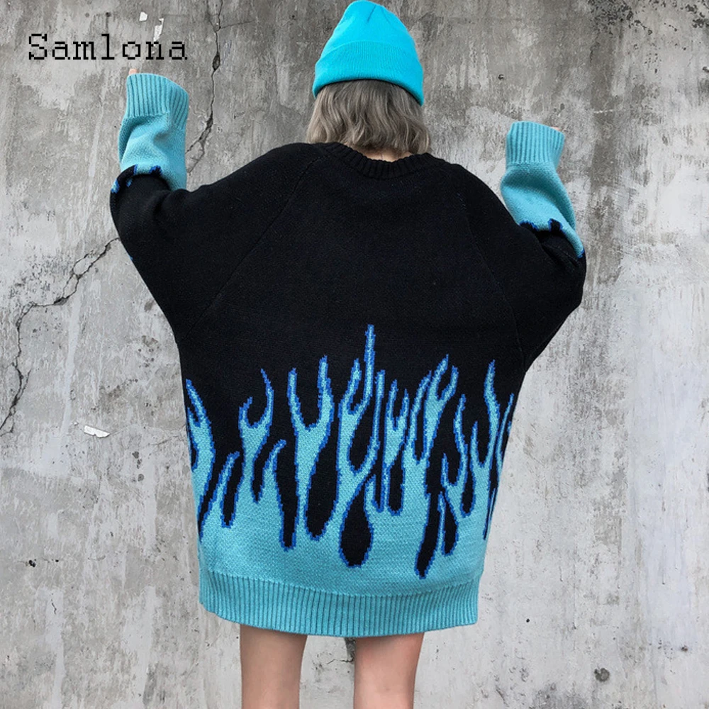 

Samlona Men Knitting Sweater Male Streetwear 2024 Gothic Style Fashion Fire Printed Top Knitted Pullovers Winter Warm Sweaters