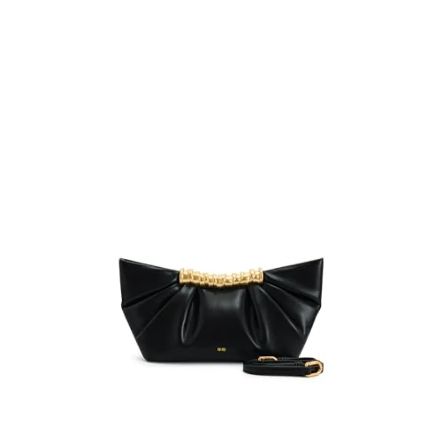 

Women's clutch for evening events, polyester pleated design in black, lightweight and structured with secure magnetic closure