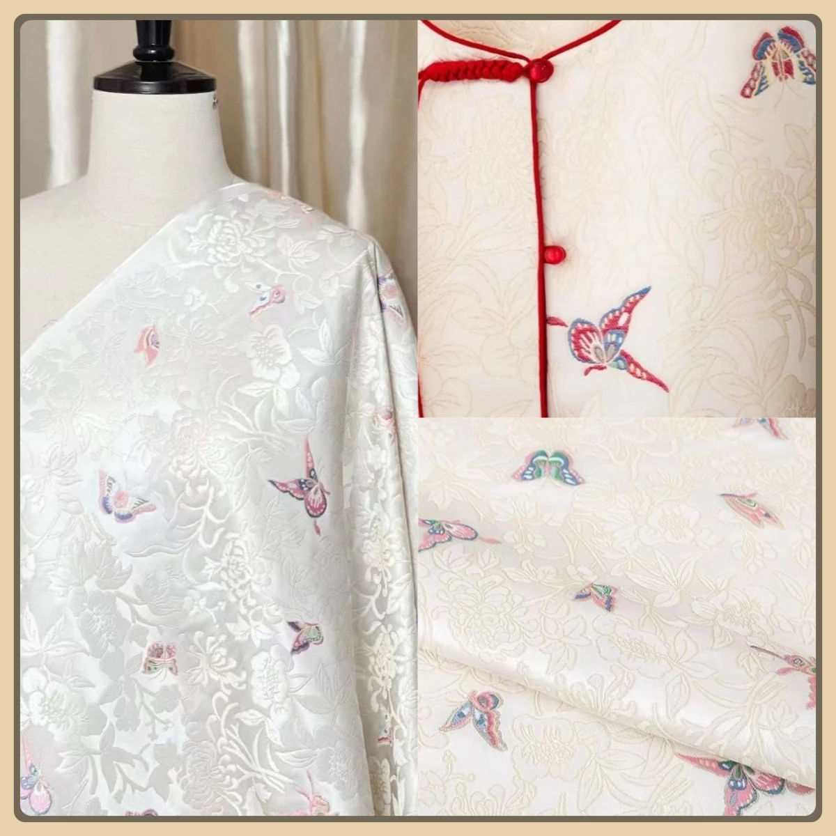 

Chinese style dopamine color butterfly jacquard fabric woven with gold thread for Hanfu dress high end DIY material