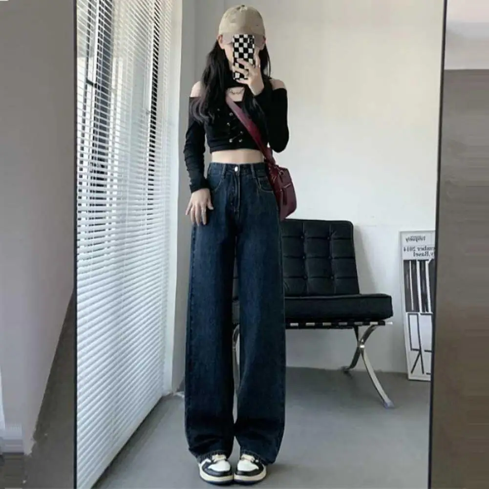 

Women Wide-leg Pants Trendy Women's High Waist Wide Leg Jeans with Multiple Pockets Stylish Streetwear Denim Pants for Casual