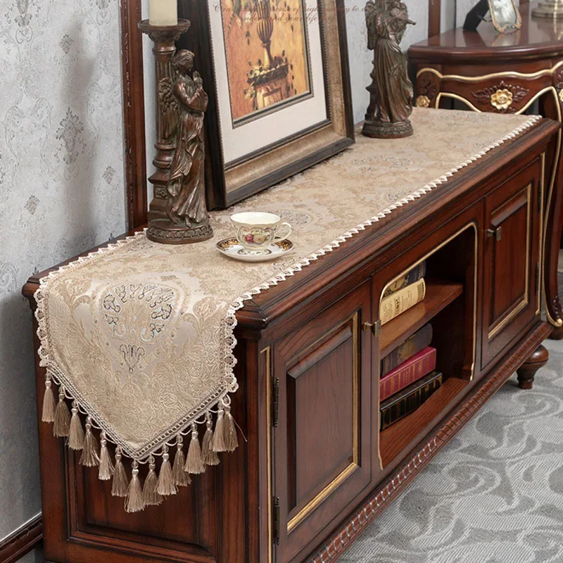 European Court Table Runner with Tassels Exquisite Long Pointed Tablecloth for Living Room Banquet Wedding Party Dining Decor