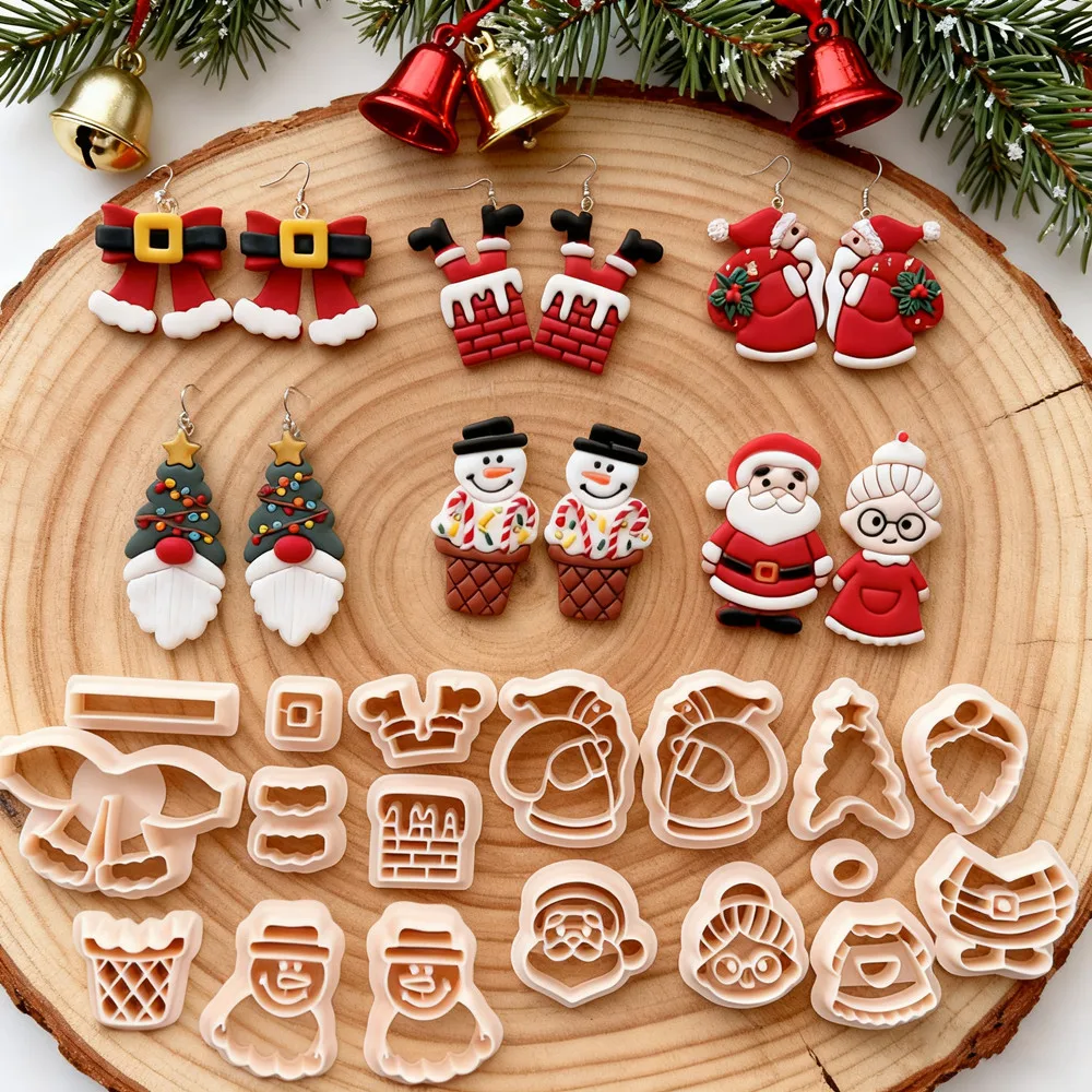 Christmas Series Santa Claus Polymer Clay Cutters Snowman Hat Tree Beard Bows Cutting Dangle Clay Earrings Pottery Making Molds
