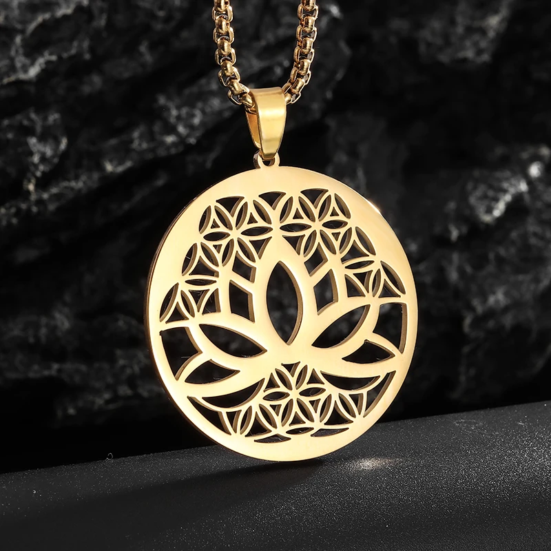 Exquisite Stainless Steel Buddhist Lotus Pendant Necklace for Men Women Bohemian Fashion Aesthetic Gift Jewelry