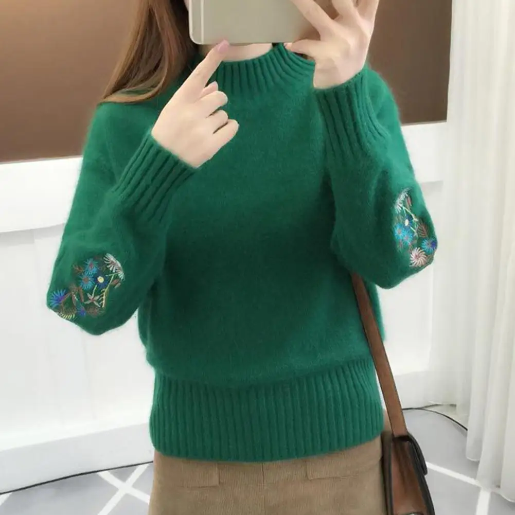 Lady Pullover Sweater  Long Sleeve   Knitted Sweater Flower Pattern Stretch Pullover Sweater