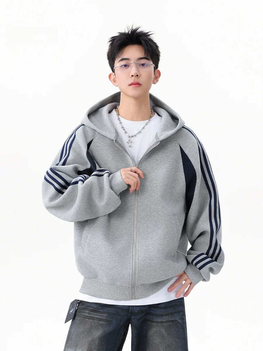 

American Retro Striped Zipper Open Cardigan Sweatirt Men's Autumn Trendy Heavyweight Loose Sports Jaet Hooded Sweatirt