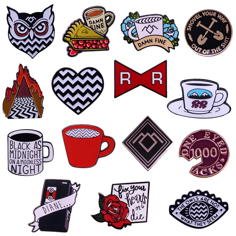 Twin Peaks Pin Damn Fine Double R Coffee Agent Cooper Diane Badge Shovel Black Lodge Owl Brooch David Lynch Movie Fans Addition