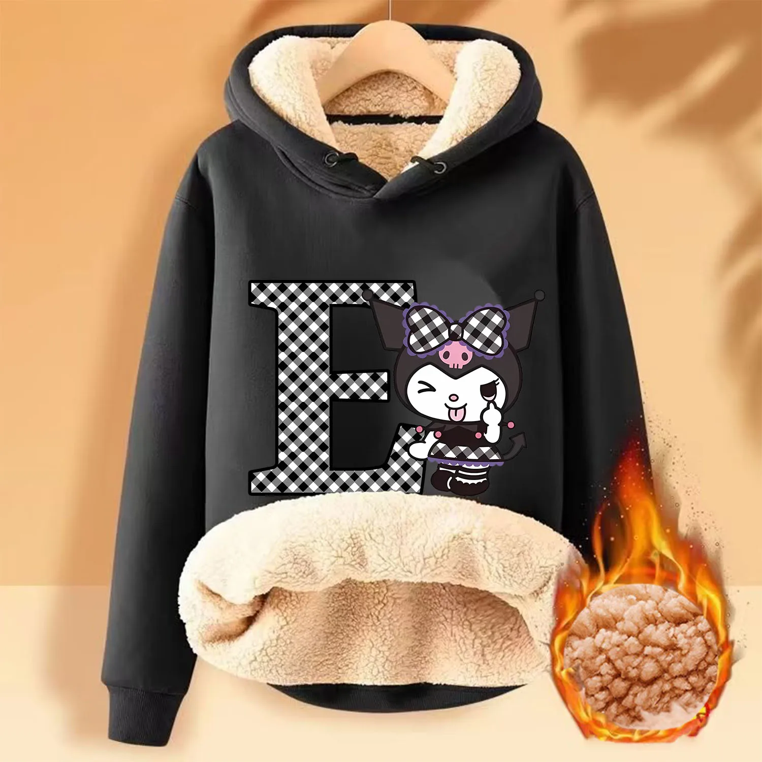 Kuromi Fleecing Hoodie for Adult 26 Letters Cartoon Sweatshirt New Warm Winter Fleece Clothing Fashion Black Thick Clothes Gift