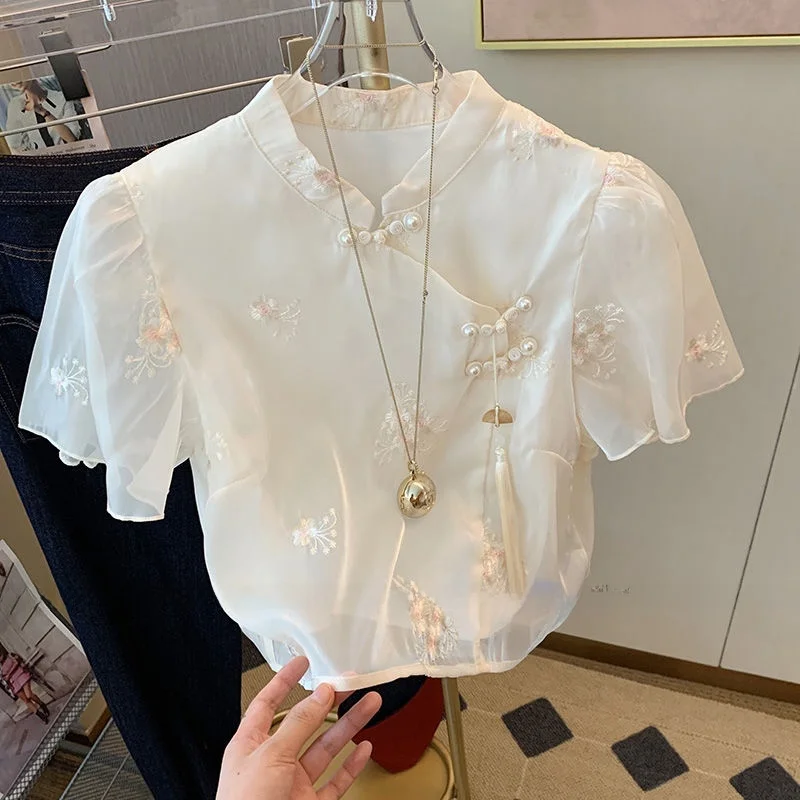 

New Style Embroidered Mesh Shirt Short Version of Women's Modified Chinese Style Button up Top for Summer 2024
