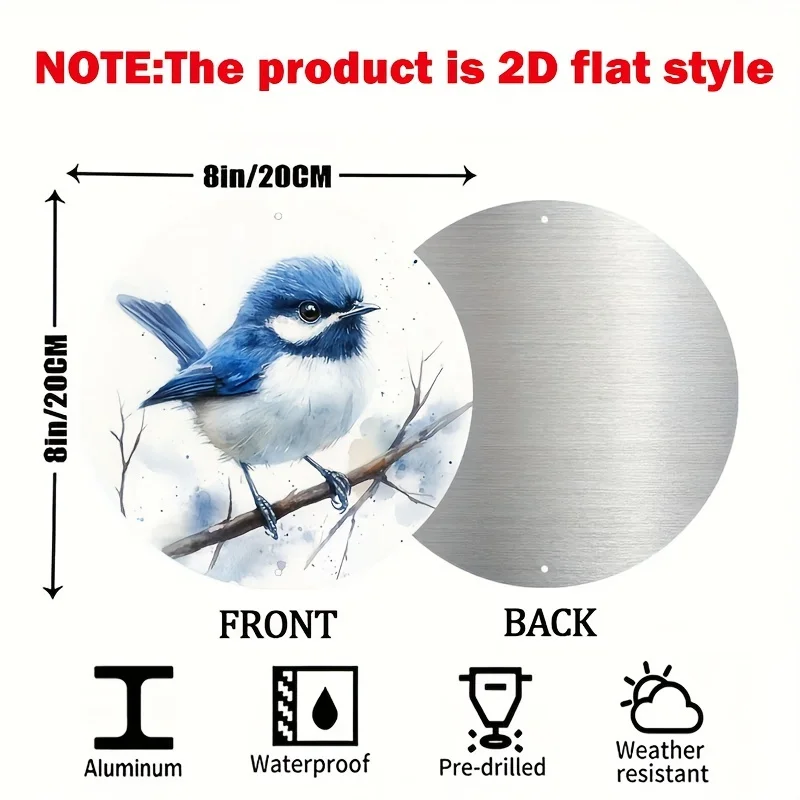 2D Watercolor Blue Wren Bird Round Metal Tin Sign 7.87x7.87 Inch Branch Ink Wash Iron Plaque Cottage Garden Wall Ornament