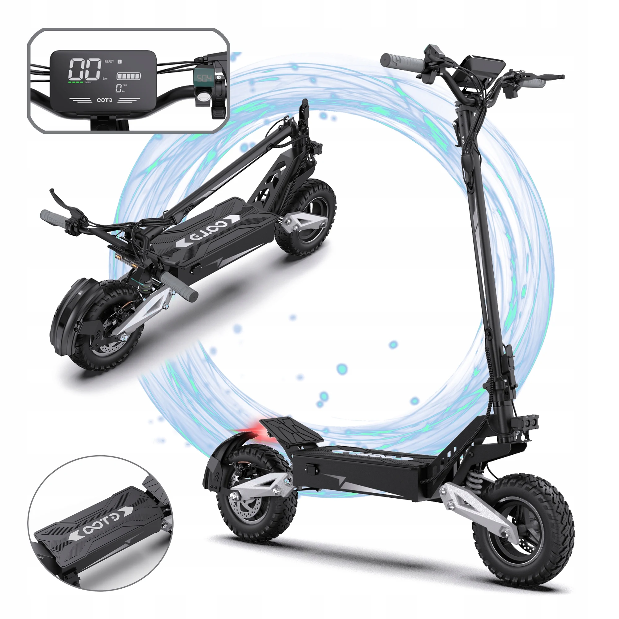Patinete eléctrico plegable OOTD T10 para adultos, alcance de 45 km, ruedas todoterreno de 11 pulgadas, motor de 900W máximo y batería de 13.5Ah