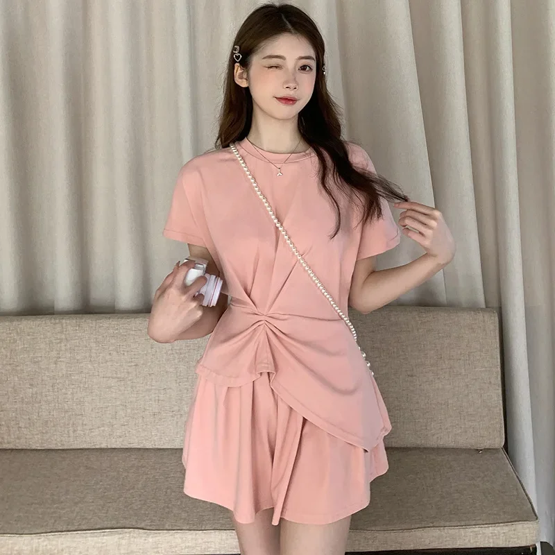 New Women Irregular Tops and Shorts Skirt Two Piece Set Solid Colors O Neck T-shirts Sport Shorts Suits Casual Sprot Set Fashion