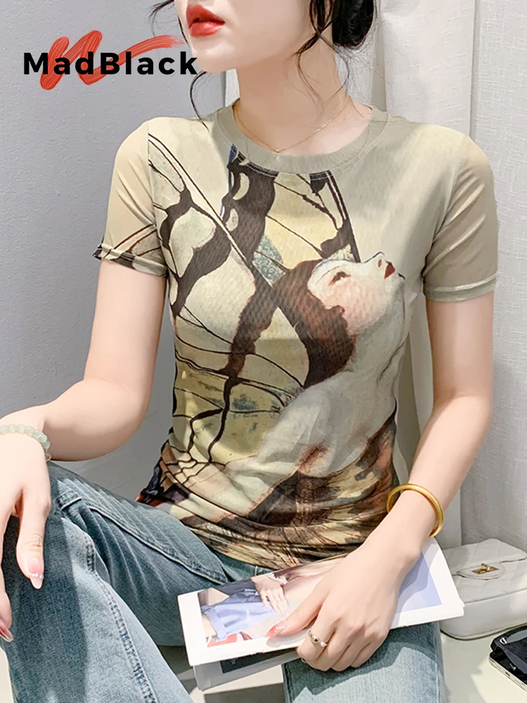 

MadBlack European Clothes Tshirts Women Sexy O Neck Position Print Slim Mesh Tops Short Sleeve Tee Summer S-4XL T44681JC