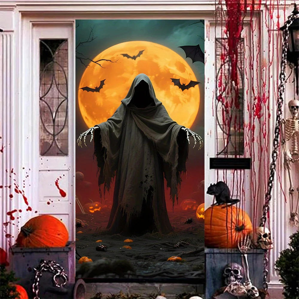 2D-Torflagge, 1 schwarze Halloween-Robe, Todesgott-Tor-Abdeckung – Vollmond der bösen Geister und Fledermaus-Szenen, Halloween-Dekorationen
