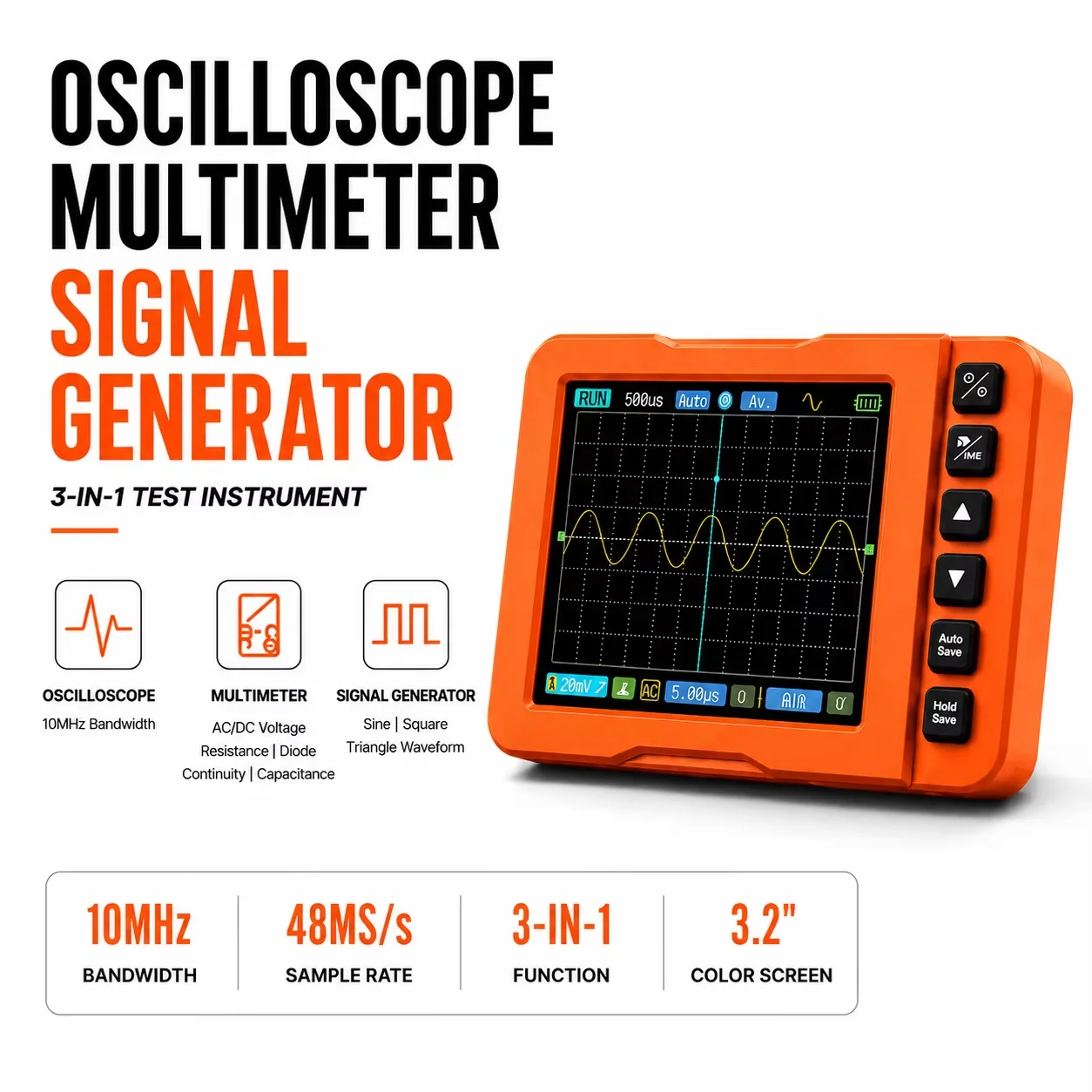 3-in-1 Digital Oscilloscope 60MSa/s 15MHz Multimeter Signal Generator 3.2" IPS 2000mAh Auto Trigger for Electronics/Teaching/DIY