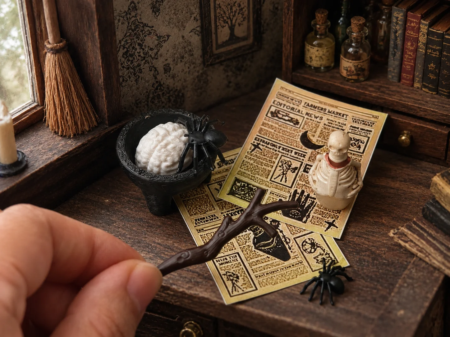 1:12 Scale Miniature Witch Wizard Dollhouse Accessories Gothic Skull Cauldron Spider Newspaper Halloween Dark Magic Scene Decor