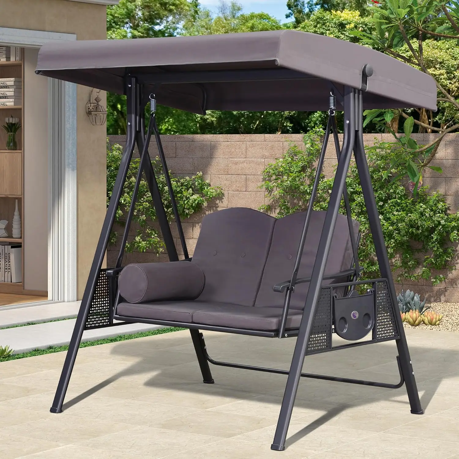 Outdoor Patio Porch Swing with Stand, 2-seat Swing Chair with Adjustable Tilt Canopy All-Weather Steel Frames, Customized