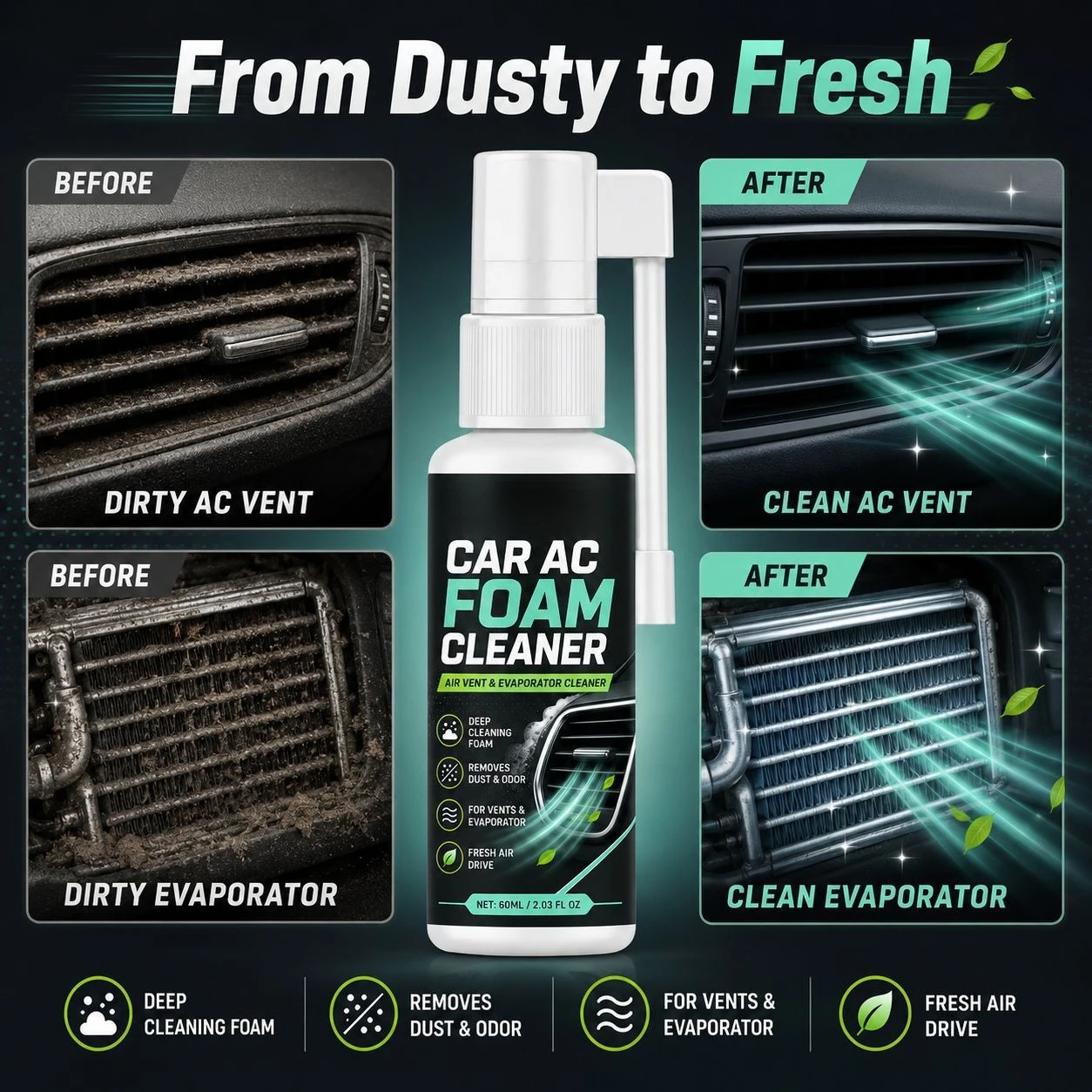 Car Air Conditioner Foam Cleaning Spray 60ml Car Air Conditioning Cleaner Air Outlet Deodorant Interior Dust and Odor Remover