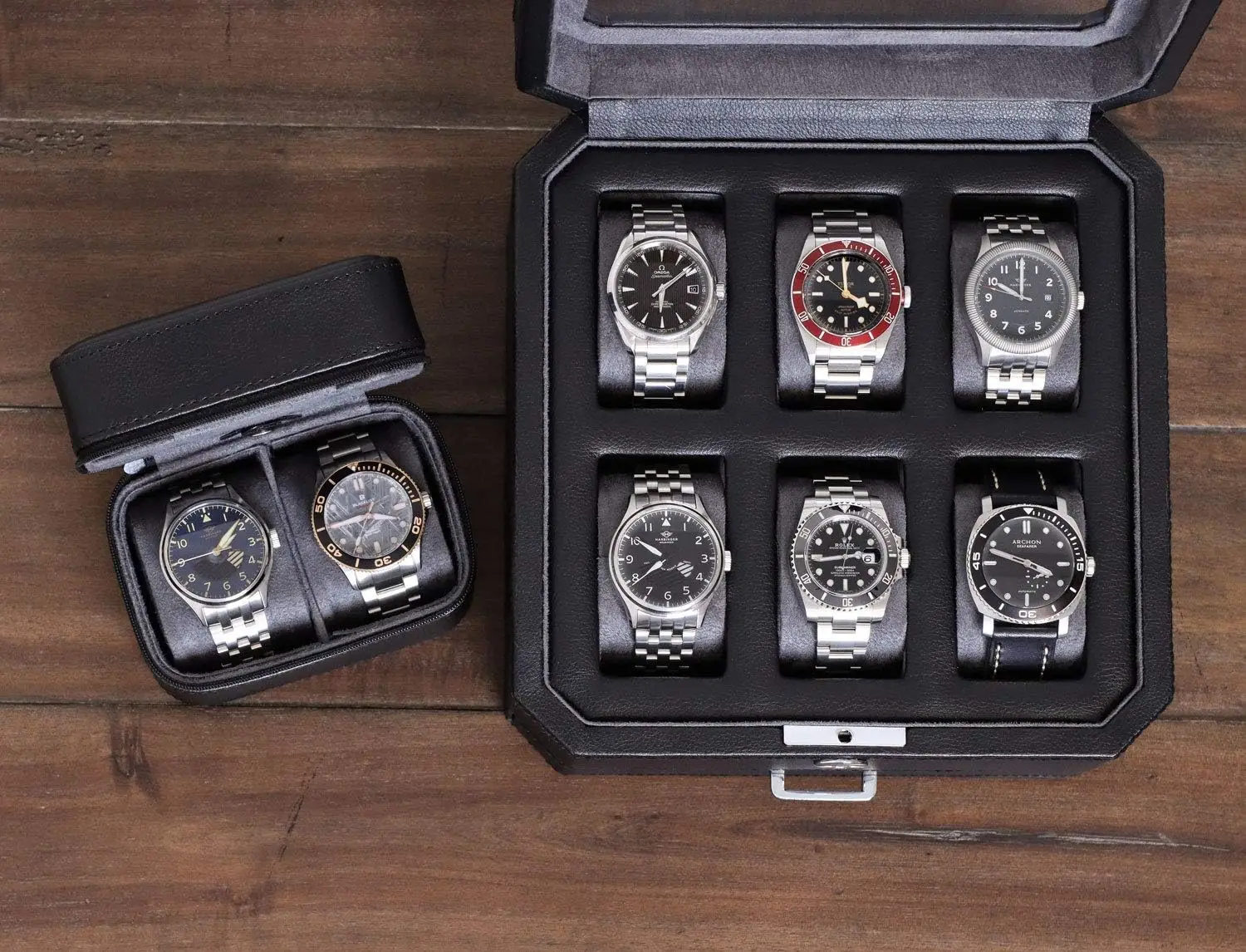Gift Set 6 Slot Leather Watch Box and 2 Watch Travel Case - Luxury Case Organizer, Microsuede Liner, Locking Mens Jewelry Watche