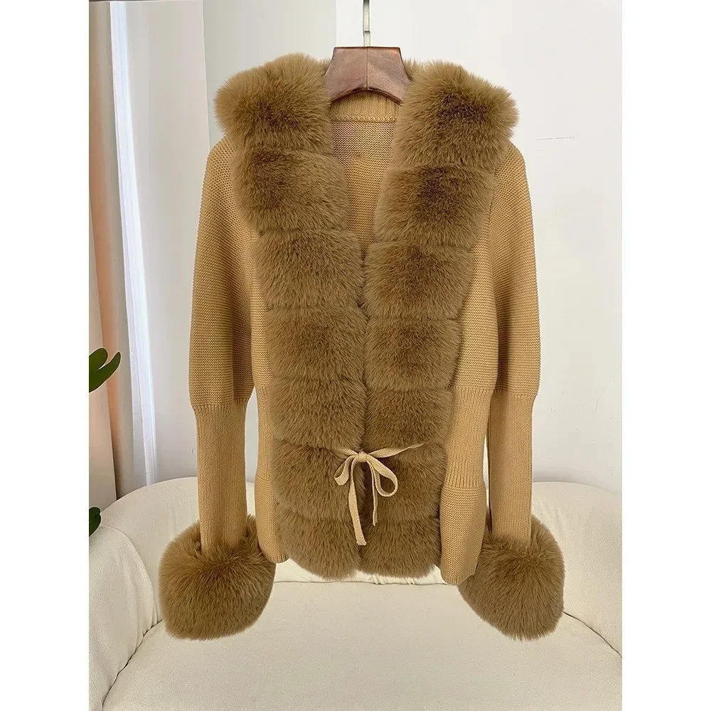 Autumn/Winter 2024 Women\'s Fur Coat Luxury Patchwork Knitted Sweater Bandage Fur Cardigan Detachable Collar Jacket Faux Fur Coat