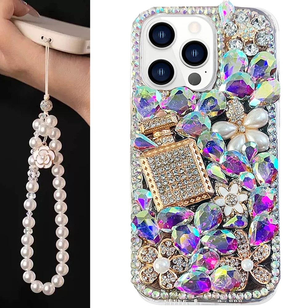 

Luxury Sparkling perfume Bottle Diamond Case For iPhone 15 14 16 Plus Pearl Lanyard for 13 12 11 Pro Max X XS XR 7 8 Bling Cover