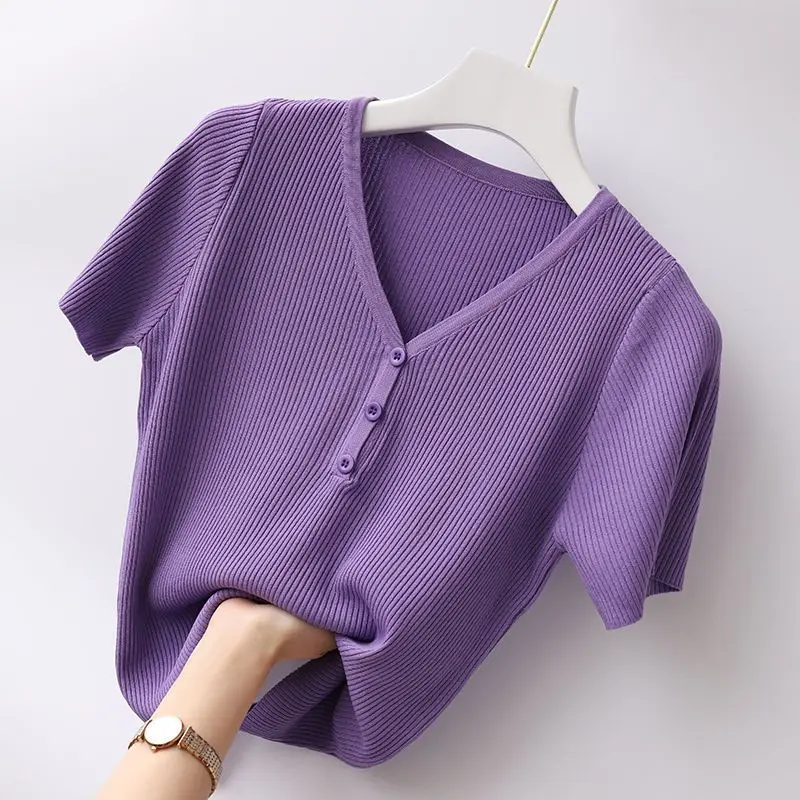 Spring Summer New T-shirt Women\'s Short-sleeved Korean V-neck Slim Fitting Solid Color Fashion Ice Silk Bottom Knitting Tops