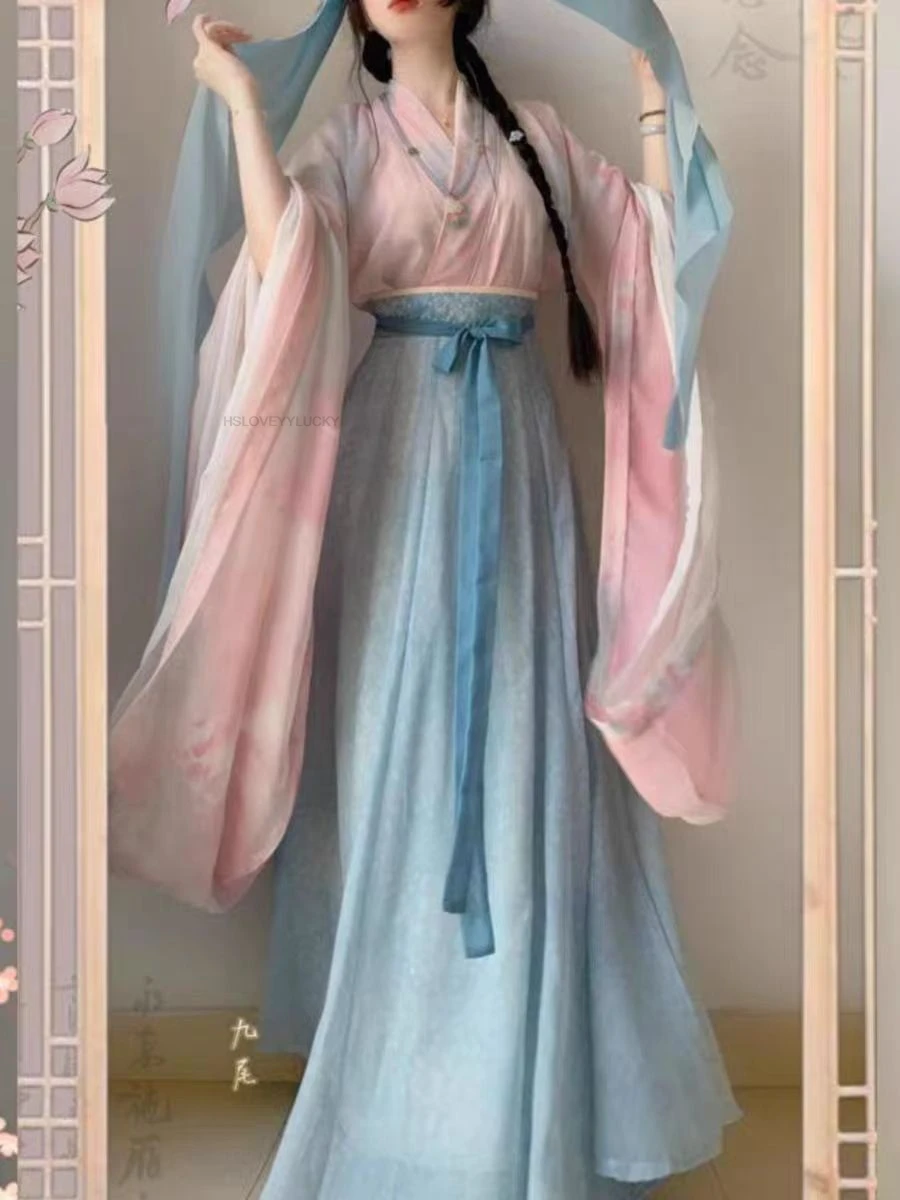 

Улучшенный китайский ханьфу Ruqun для женщин: новый летний комплект в стиле династии Сун с вышивкой, свободный крой, из тонкой ткани, для повседневной носки