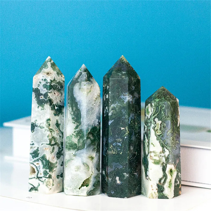 1P CNatural Crystal Healing stone Green water plant agate Crystal Point Moss Agate Crystal hexagonal column ornaments