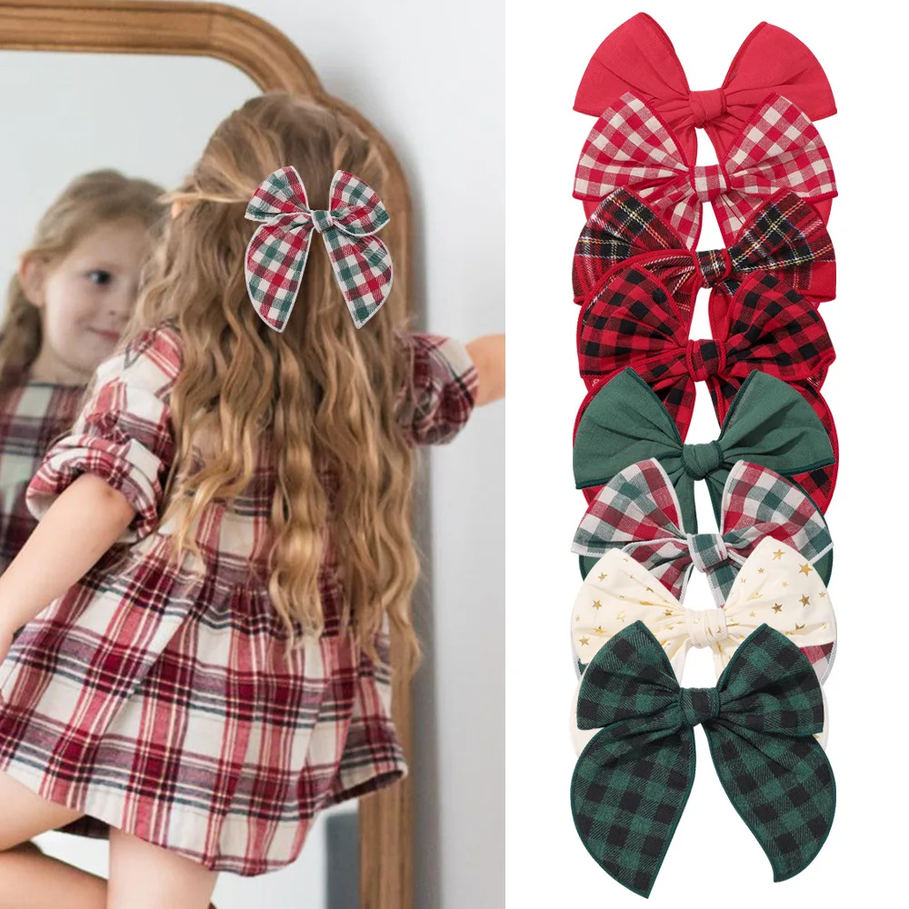 1Pc 5.7 Inch Cheer Bowknot Hairpin Classic Plaid Christmas color Fabric Hair Clips Handmade for Kids Baby Girls Hair Accessories