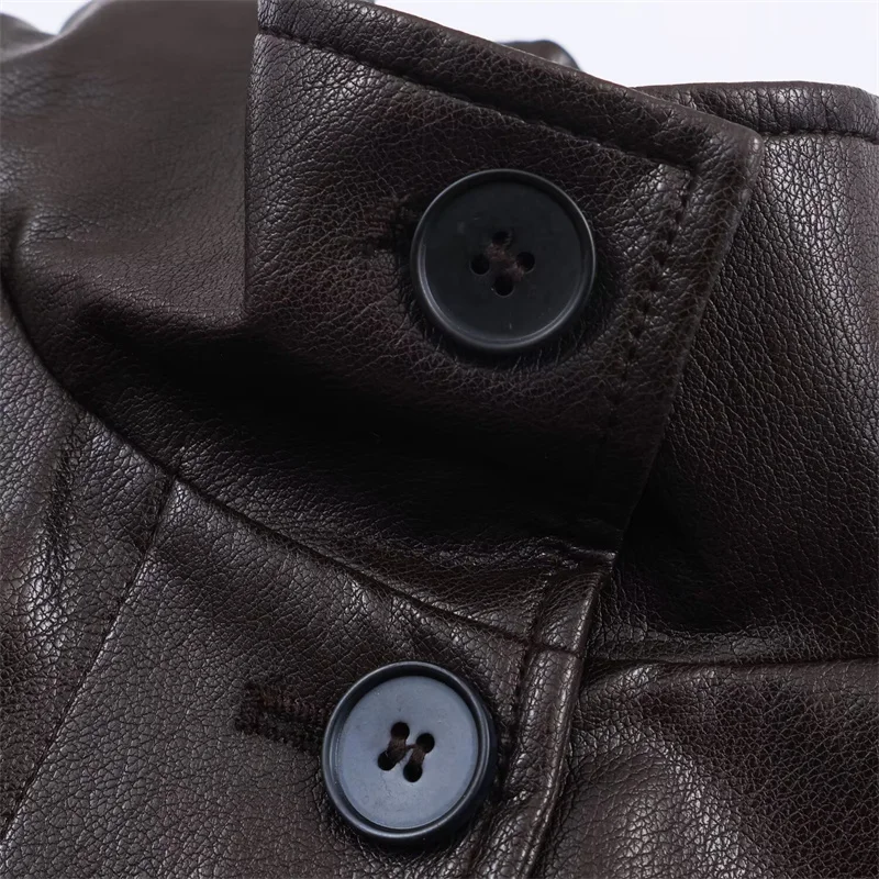 여성용 재킷 2025 겨울 신상 다크 브라운 긴 소매 인조 가죽 효과 스탠드 칼라 루즈핏 재킷 캐주얼 패션 다용도