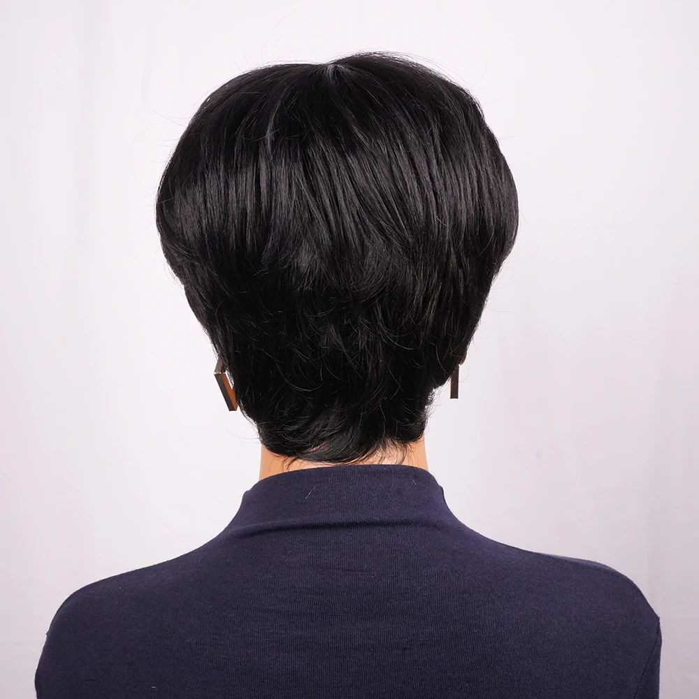 ショートピクシーカットウィッグ人毛前髪付きブラジル人毛ウィッグ女性用黒色フルマシンショートストレートウィッグ
