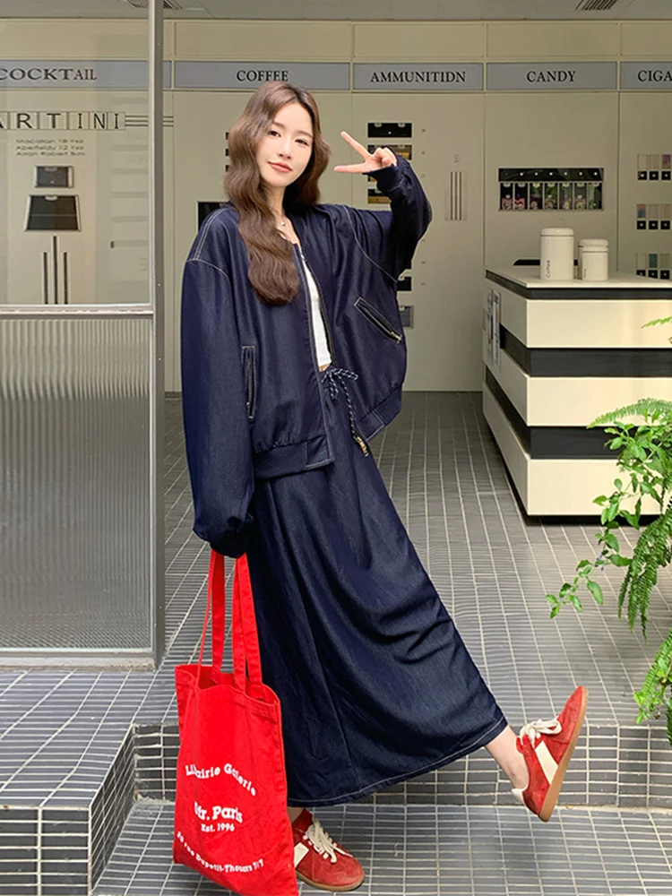 

Chic Casual Denim Jacket Top And Skirt Set Women's Early Spring Autumn High Waist Loose Fit Fashionable Two-Piece Suit