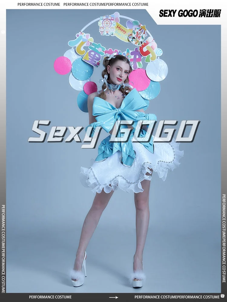 Kostium dla DJ-a w klubie nocnym, stroje do tańca Gogo, kostium Drag Queen, topy z kokardą, spódnica, odzież karnawałowa, strój do tańca jazzowego dla dorosłych yj420