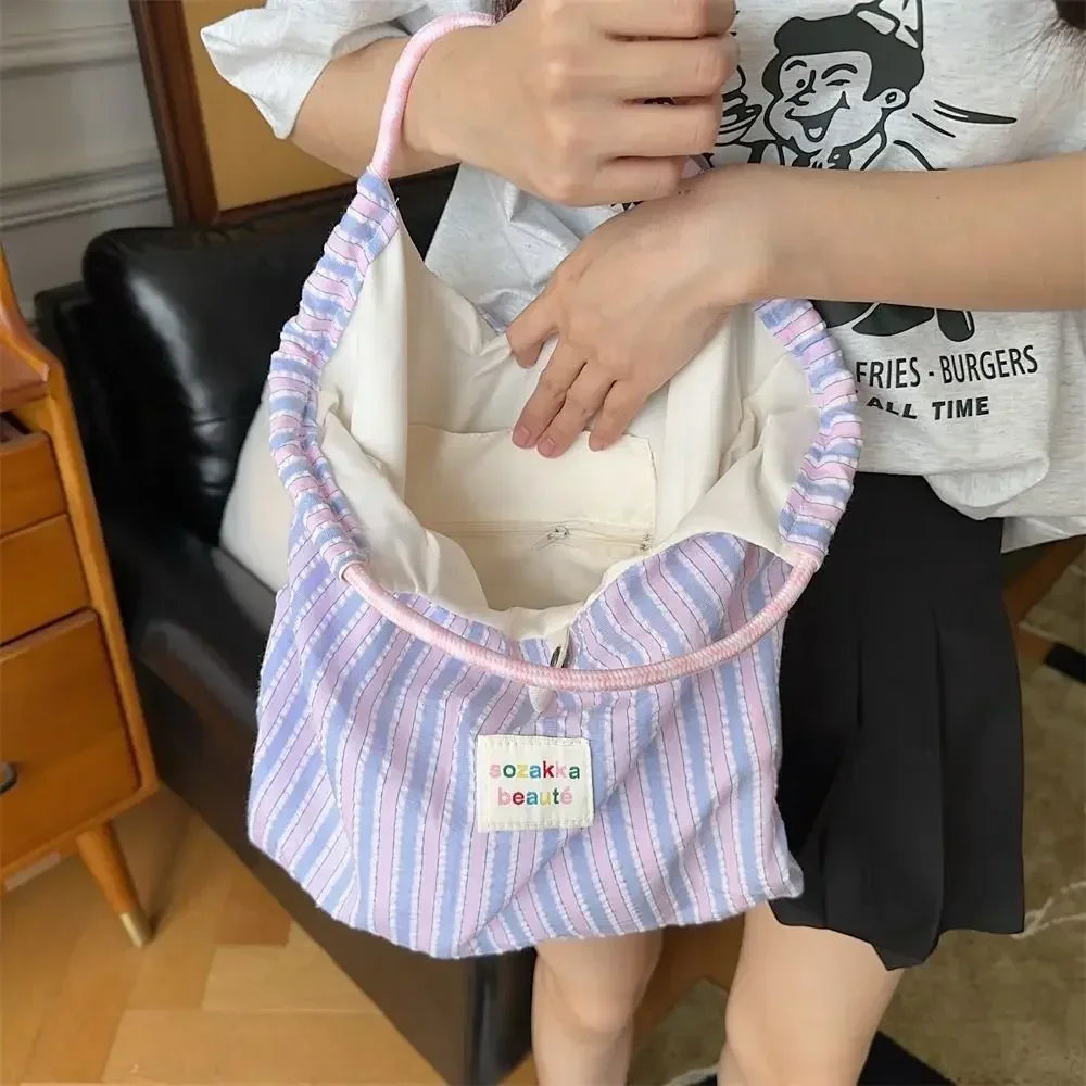 Messenger Bag Ins Handbag Large Capacity Small Fresh Striped Canvas Bag Hand Canva Bag Lightweight Women Handbag