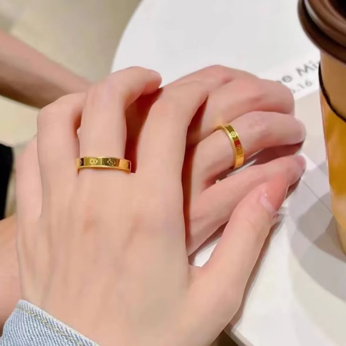 9999 24K True Four Lucky Grass Gold Ring Kaleidoscope Plain Circle Male Female Couple Ring Gold Jewelry