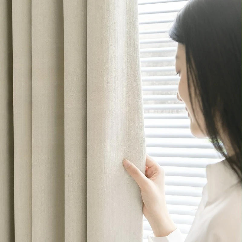 

Modern Full Blackout Beige Curtains for Living Room Bedroom Window Simple High Quality Thickened Chenille Curtains Customize