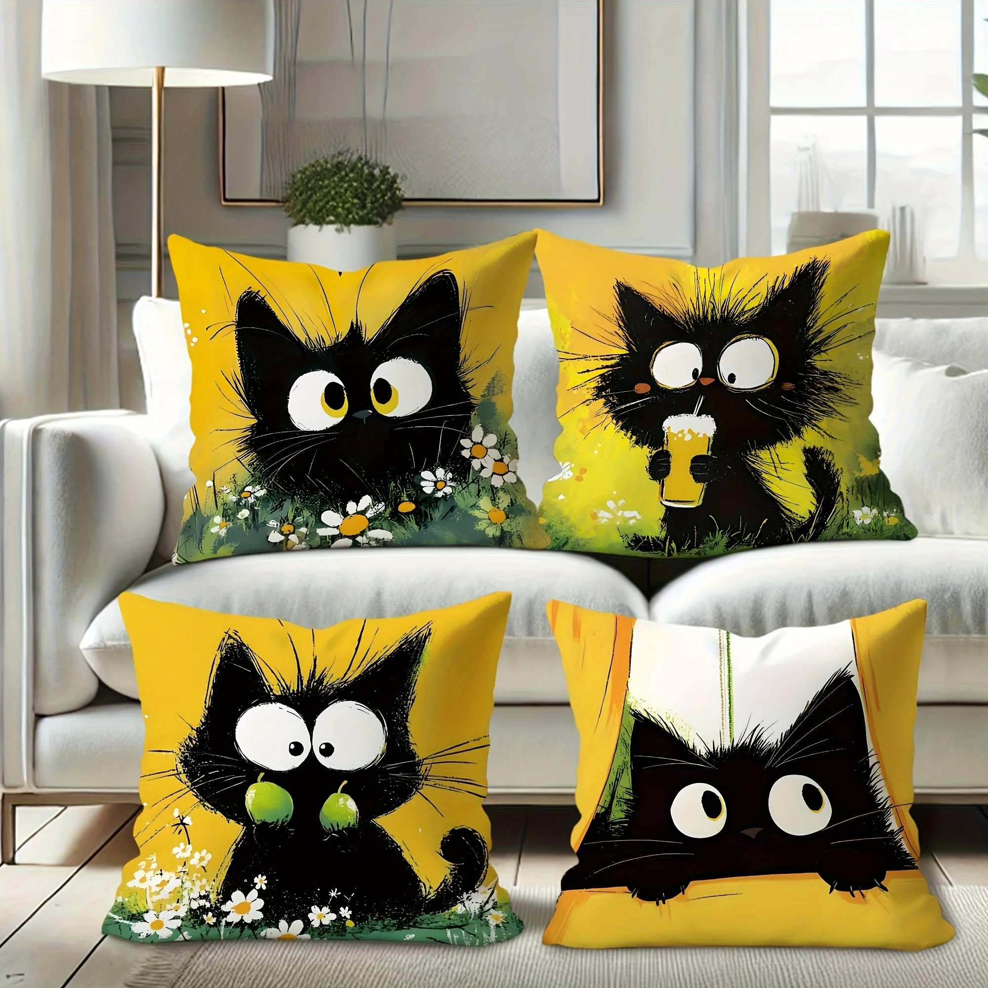 4pcs Fun Black Cat Print Pillow Covers – Perfect for Home, Living Room, Bedroom & Sofa Decor (Inserts Not Included)