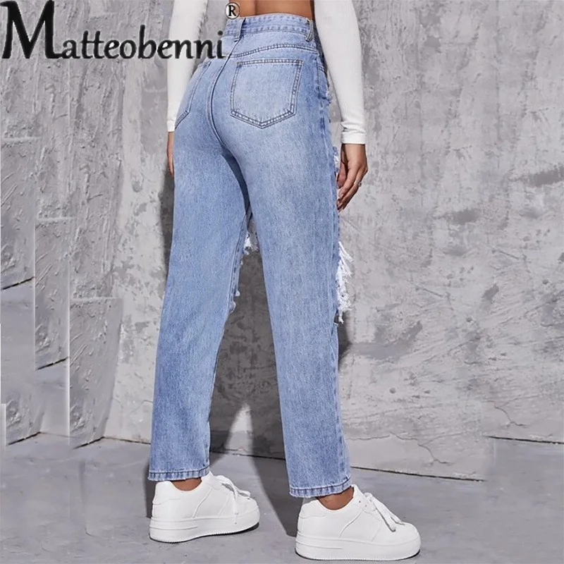 Pantalones vaqueros rectos ahuecados con agujeros rotos para mujer, pantalones de mezclilla de cintura alta, pantalones casuales cómodos para