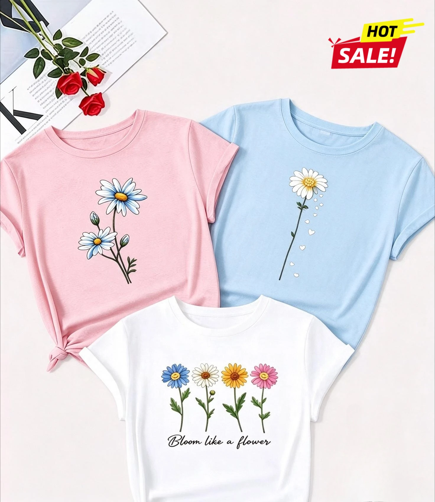3 Pack Daisy Shirts Women Bloom Like a Flower Tee Cute Wildflower Graphic T Shirts Multi Pack Casual Short Sleeve Tops