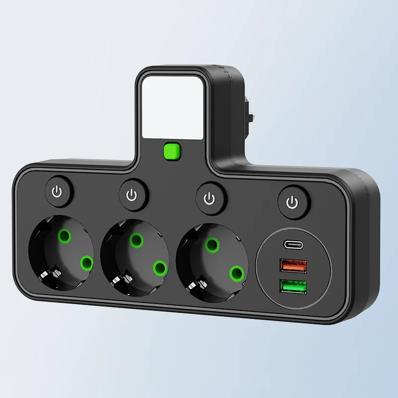 Multiprise murale avec prise EU, 3 prises AC, 2 USB et 1 Type-C