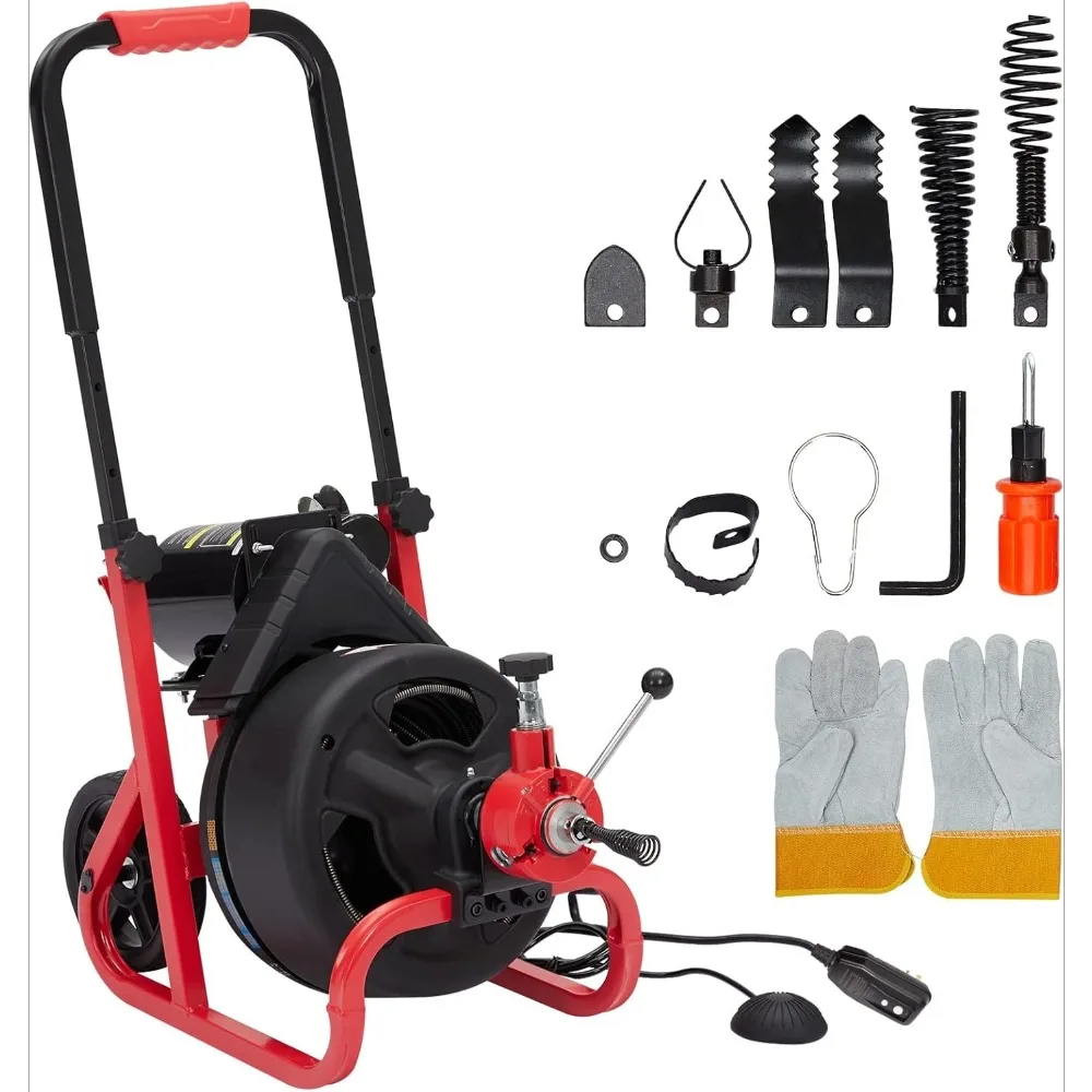 

100Ft x 3/8In Drain Cleaner Machine, Auto-feed Professional 6.8A Electric Drain Auger, Air-Activated Foot Switch,