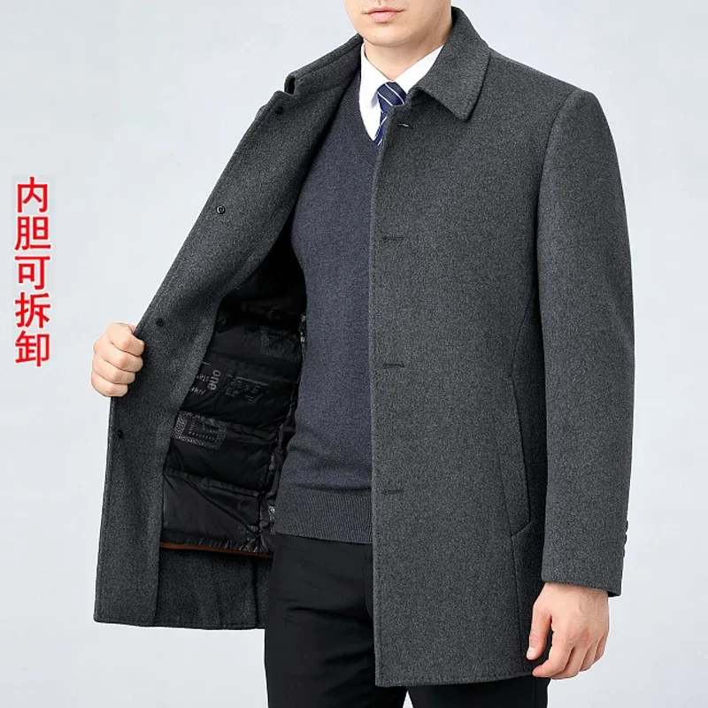 High End 100% Cashmere Coat Men Mid Length Men's Winter Business Down Inner Jacket Lapel Casual Coats for Men Manteau Homme CJK