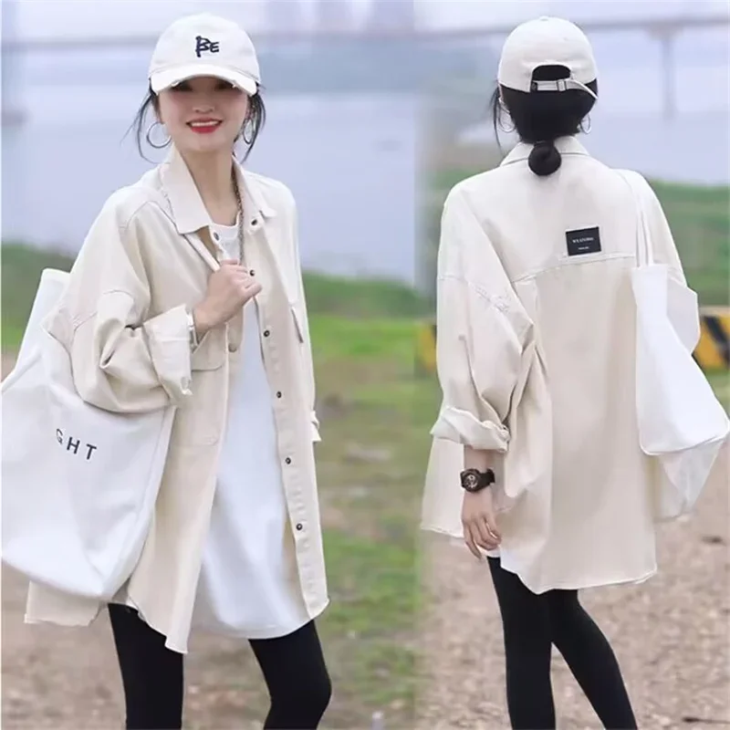 

Pop 2025 Women's New Korean Loose Medium Length Casual Versatile Long Sleeved Shirt Top Spring Female Coffee Colored Shirt Jacke
