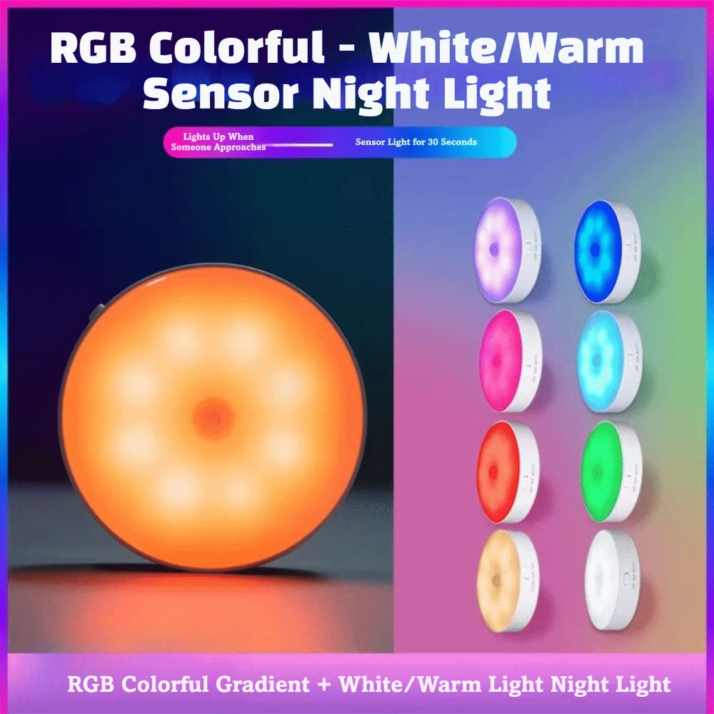 Bedside Decor Rechargeable Night Light RGB USB Motion Sensor Light PIR Motion Sensor Energy Saving Under Cabinet Lights Kitchen