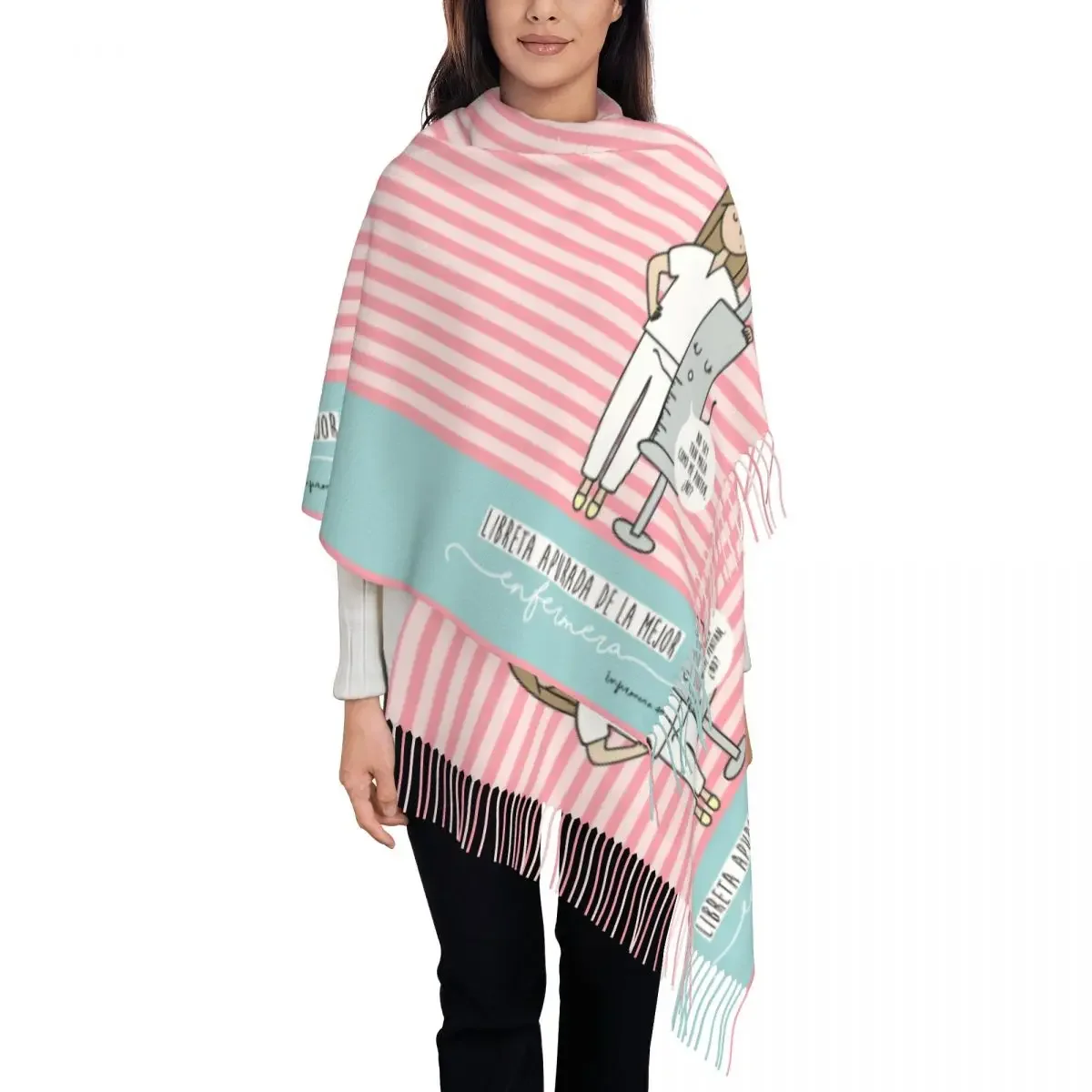 Female Large Cartoon Ladies Nurse Doctor Printed Scarves Women Winter Fall Soft Warm Tassel Shawl Wrap Scarf