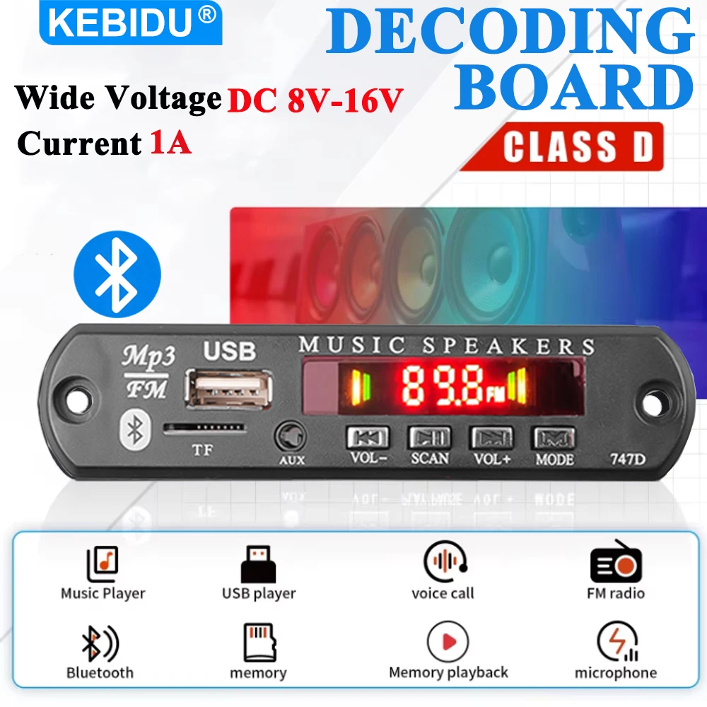 KEBIDU Bluetooth 5.0 MP3 Player WMA WAV APE Decoder Board DC 12V Handsfree Car Audio Adapter Mic USB AUX TF FM MP3 Music Player