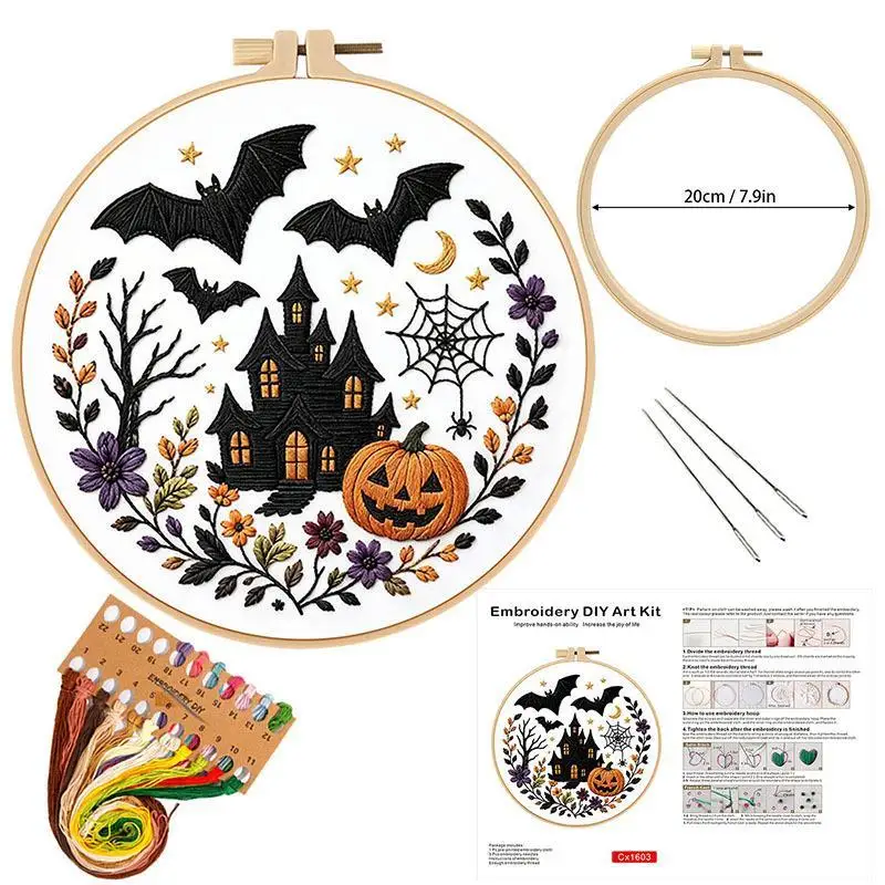 Kürbis-Skelett-Stickset mit englischer Anleitung, Faden, bedrucktem Stoff mit Muster, Set für DIY-Geschenk – Detail 2
